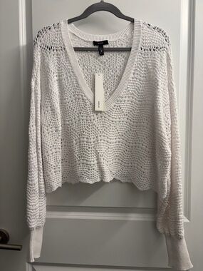 Aqua White Open-Knit V-Neck Sweater